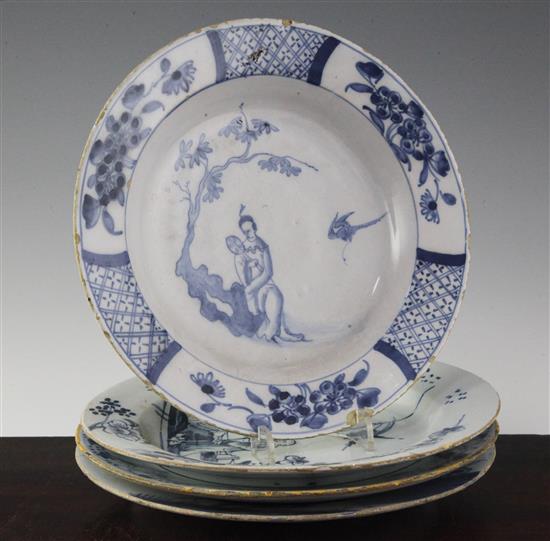 Three English delft ware plates and a similar Dutch example, mid 18th century, 8.75in. - 9.2in.